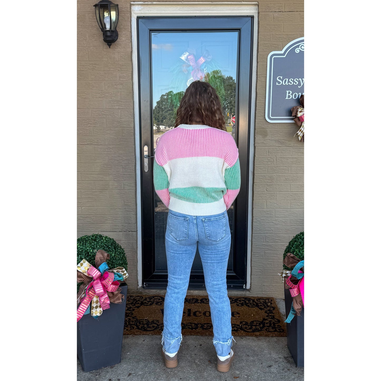 Aubrey Stripe Sweater, Pink/Green