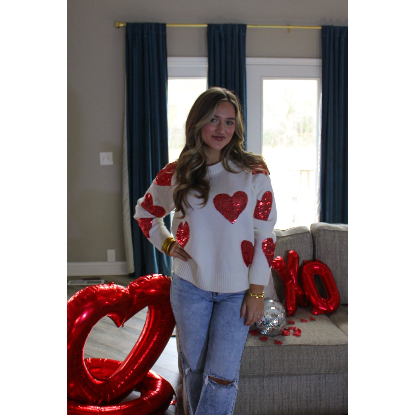 Whitney Heart Sequin Sweater, Ivory/Red