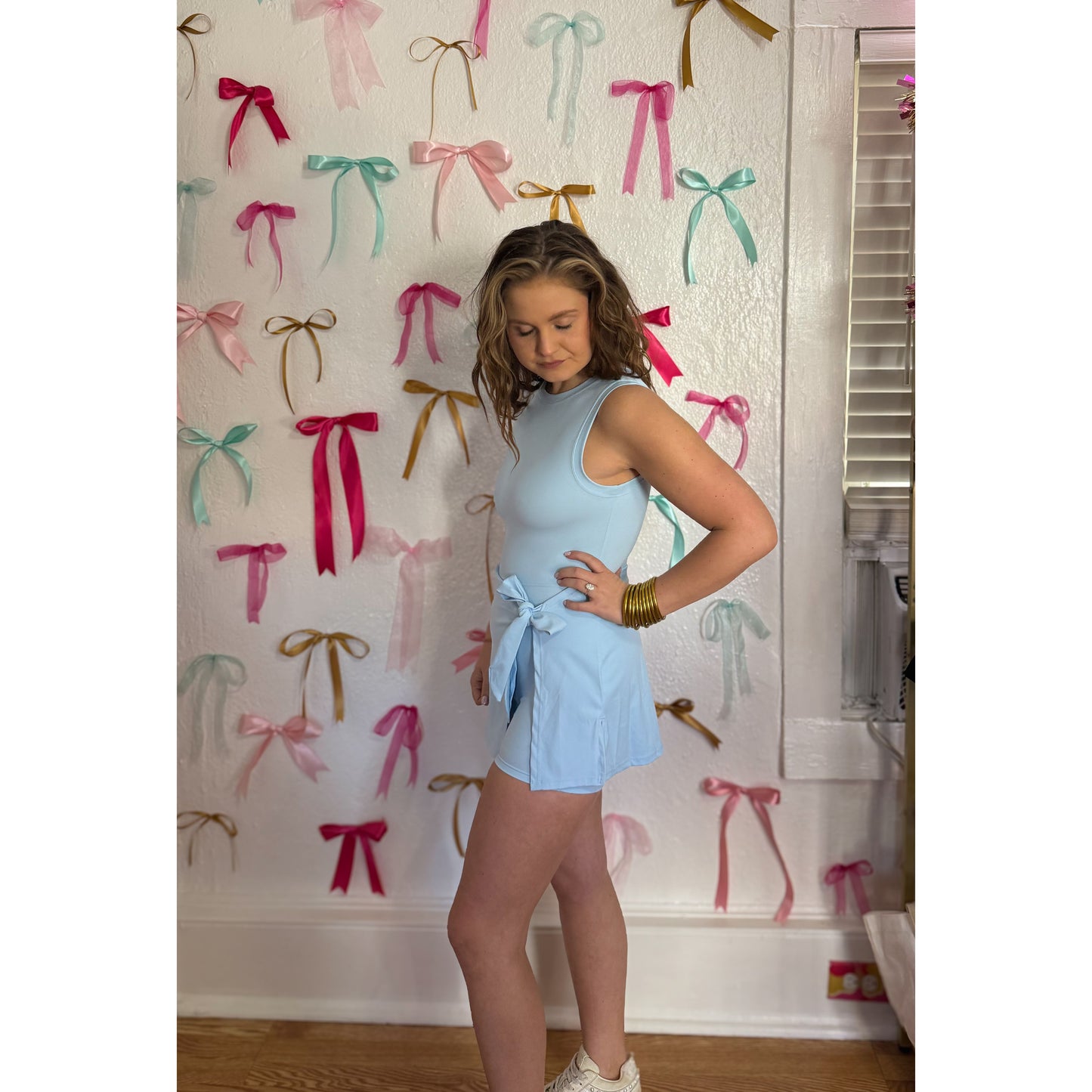 Sarah Athleisure Tie Romper, Baby Blue
