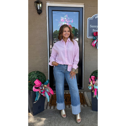 Stripe Button Down Top, Pink/White