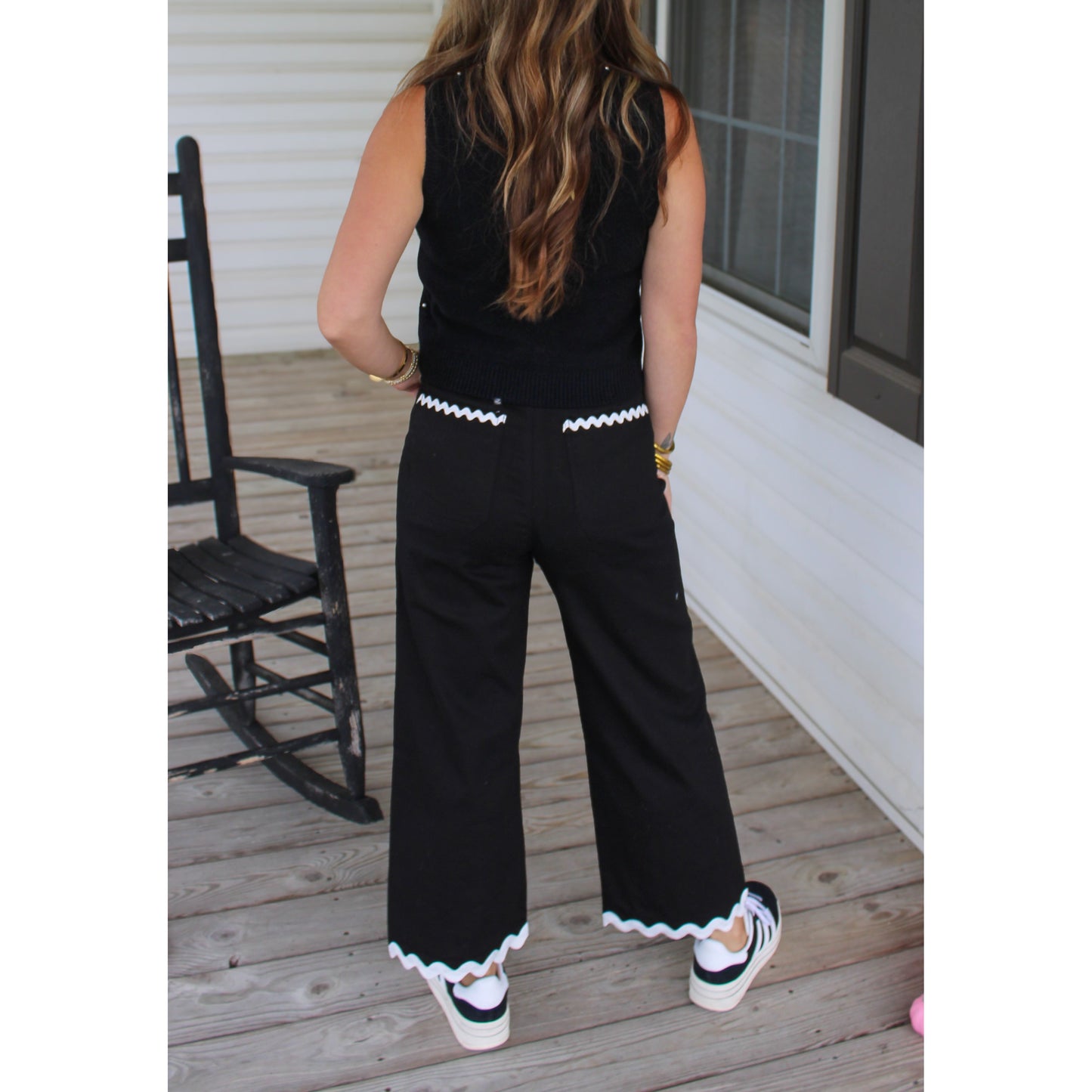 Avery Ric Rac Denim Pants, Black/White