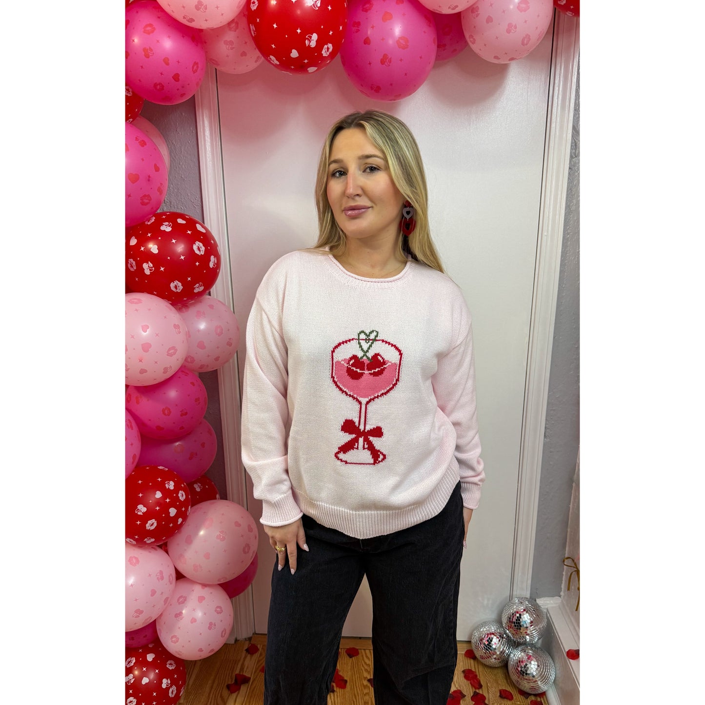 Heart Martini Graphic Sweater, Light Pink Multi