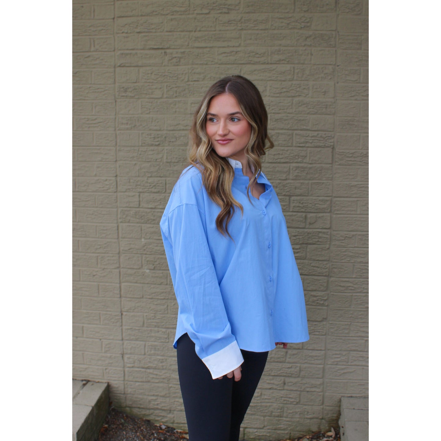 Chambray Button Down Blouse, White/Baby Blue