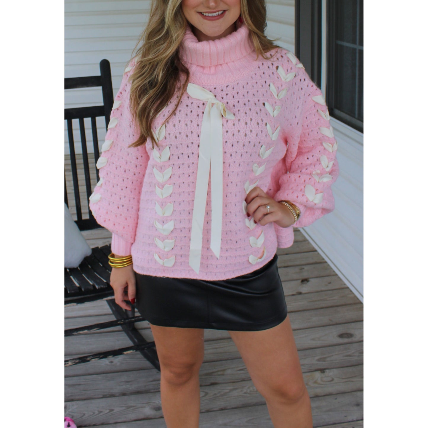 Sarah Bow Sweater, Pink/White