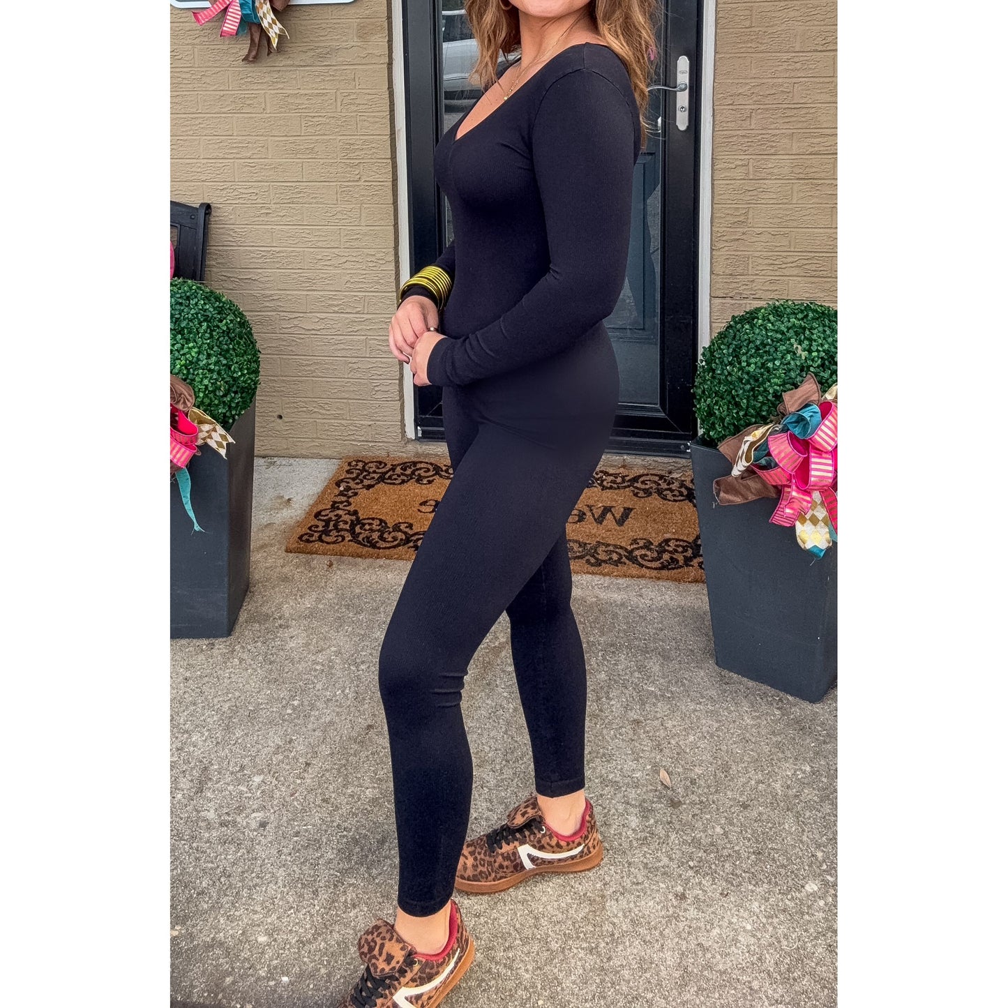 Ribbed Long Sleeve Jumpsuit, Black