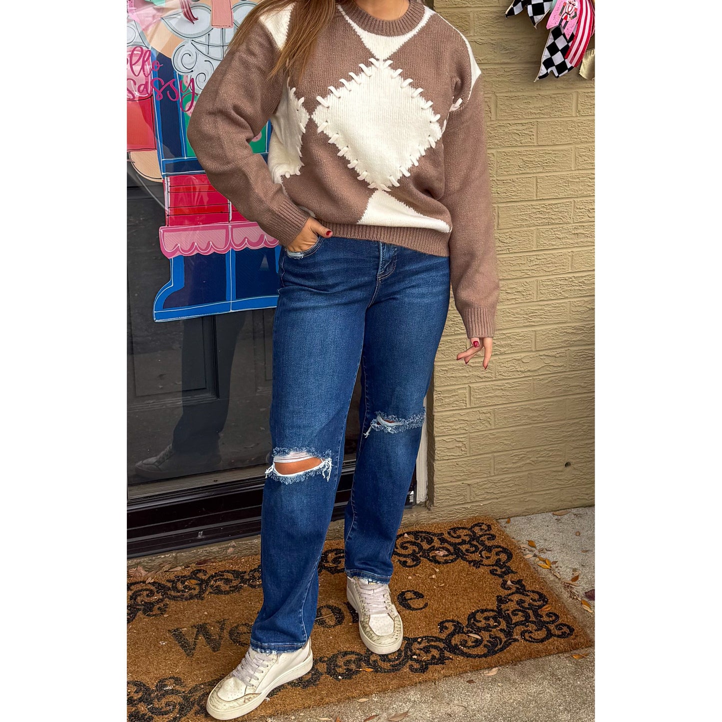 Mocha/Ivory Harlequin Detail Sweater