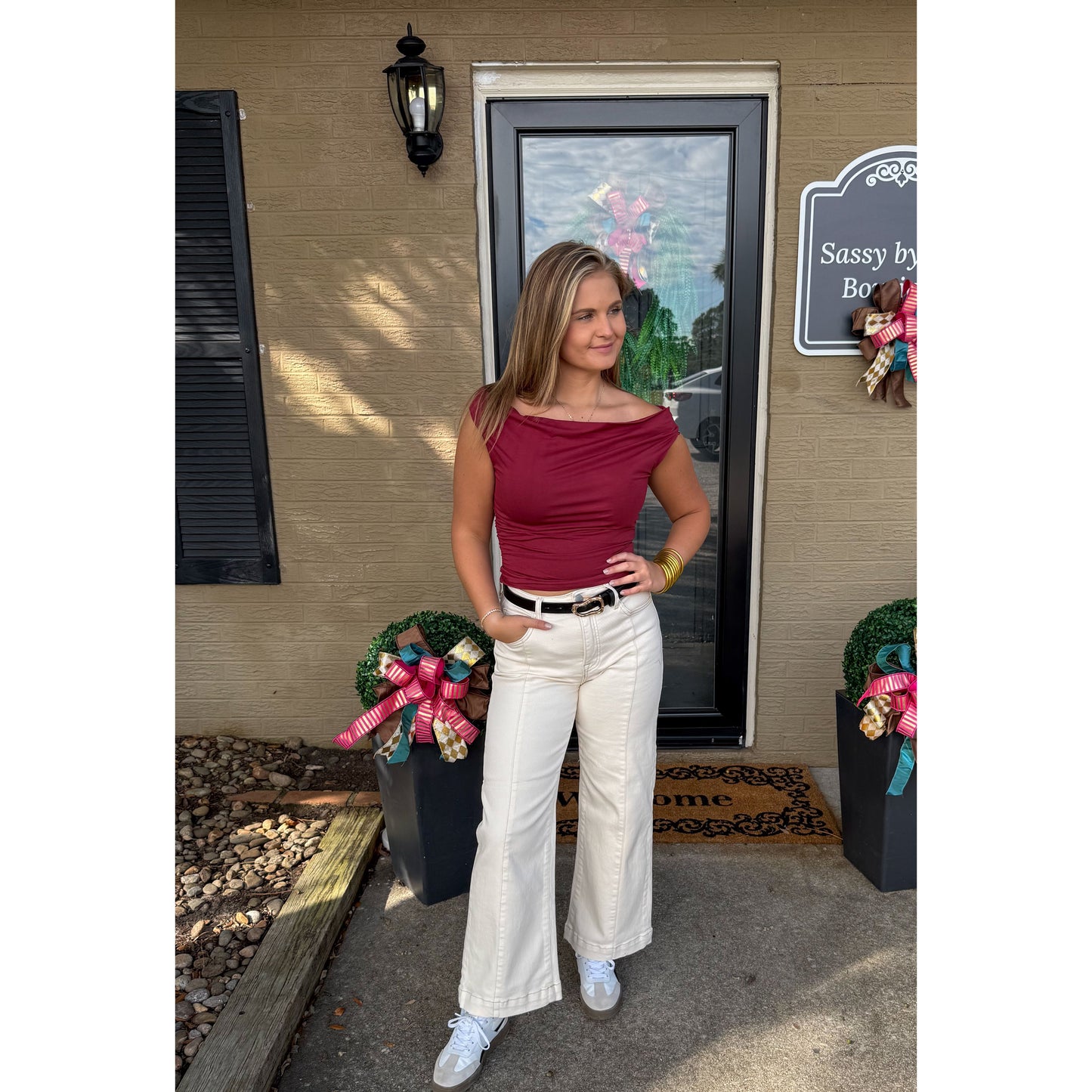 Asymmetrical Neckline Top, Burgundy