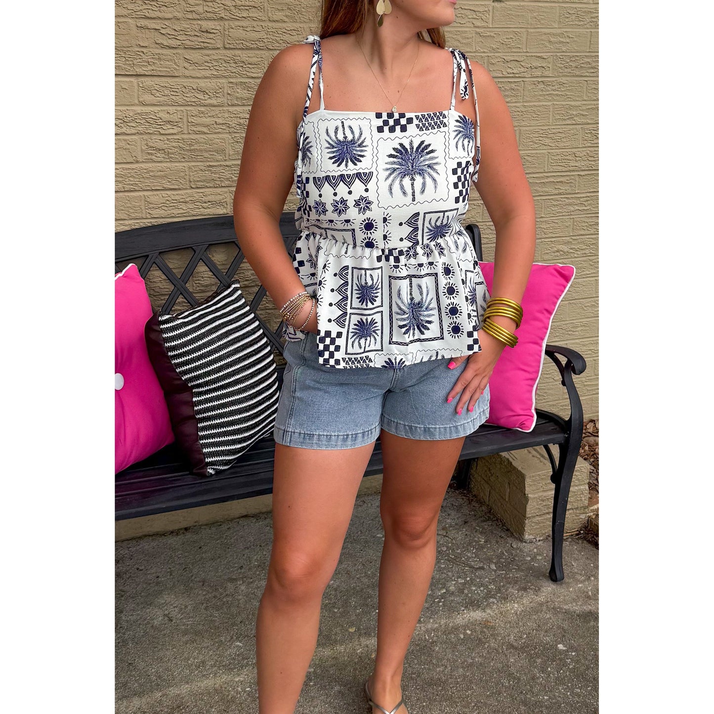 Abstract Print Top, Ivory/Navy