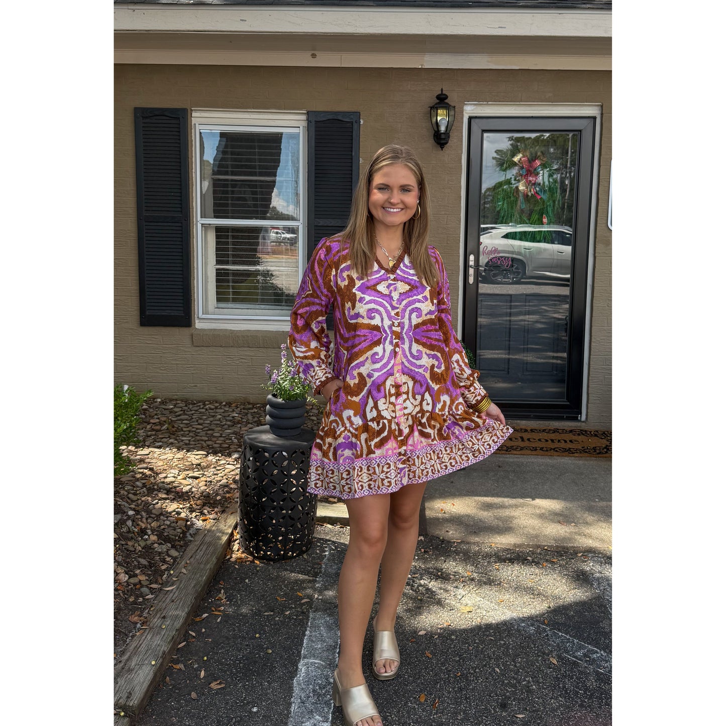 Catherine Pattern Mini Dress, Purple Multi