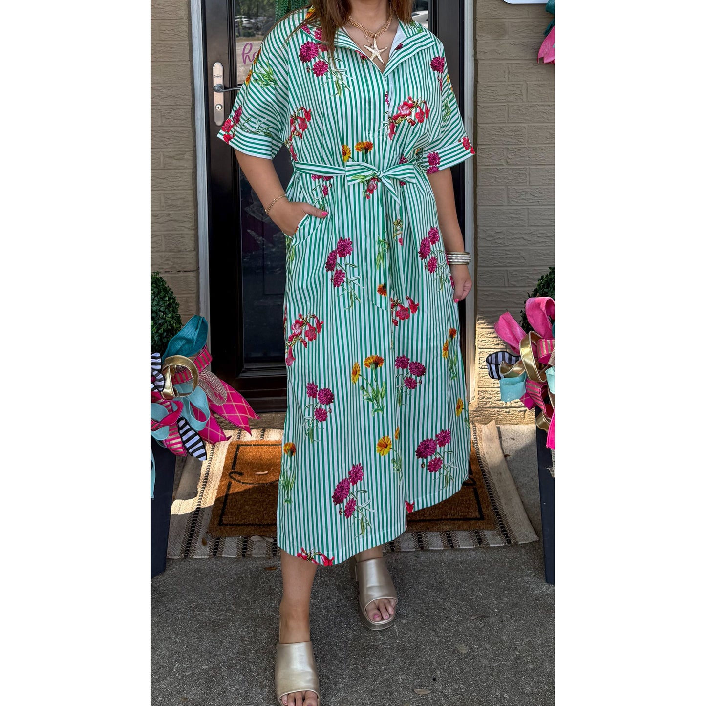 Lilly Detail Midi Dress, Green Multi