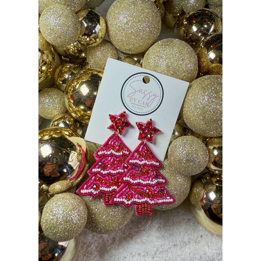 Pink Multi Christmas Tree Beaded Earrings