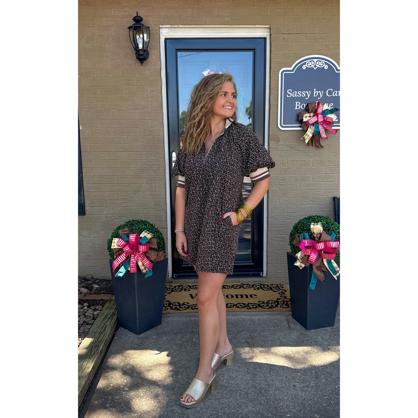 Leopard Mini Dress, Espresso/Black