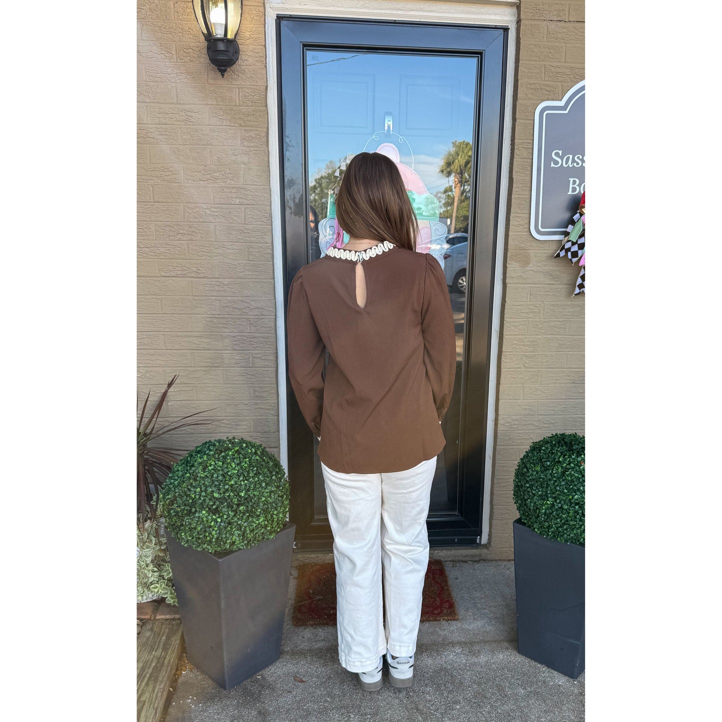 Brooke Detail Blouse, Brown/Ivory