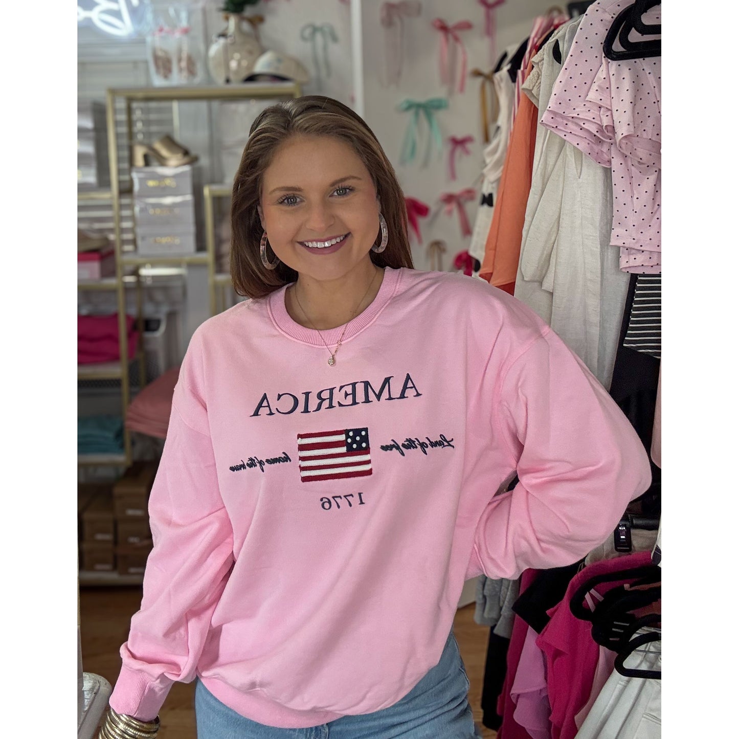 Land of the Free Sweatshirt, Baby Pink