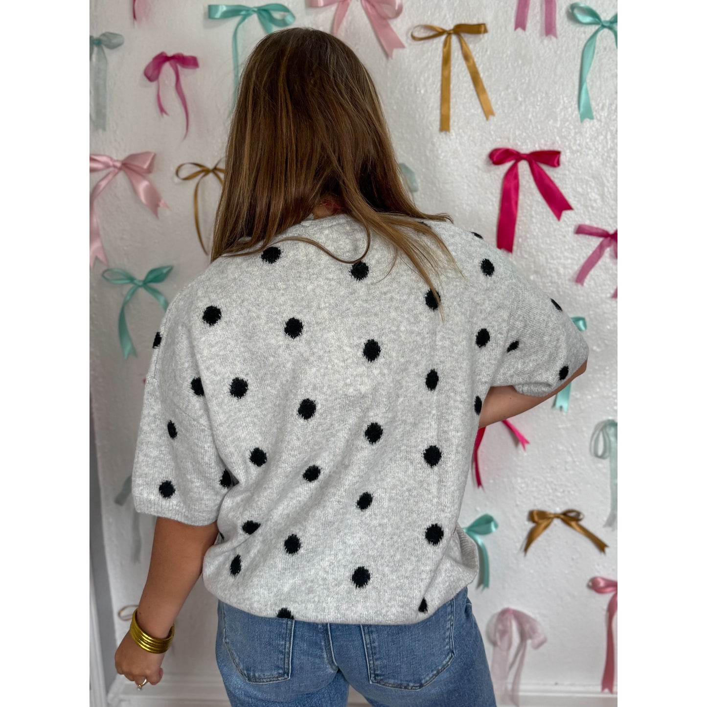 Polka Dot Sweater Cardigan, Grey/Black