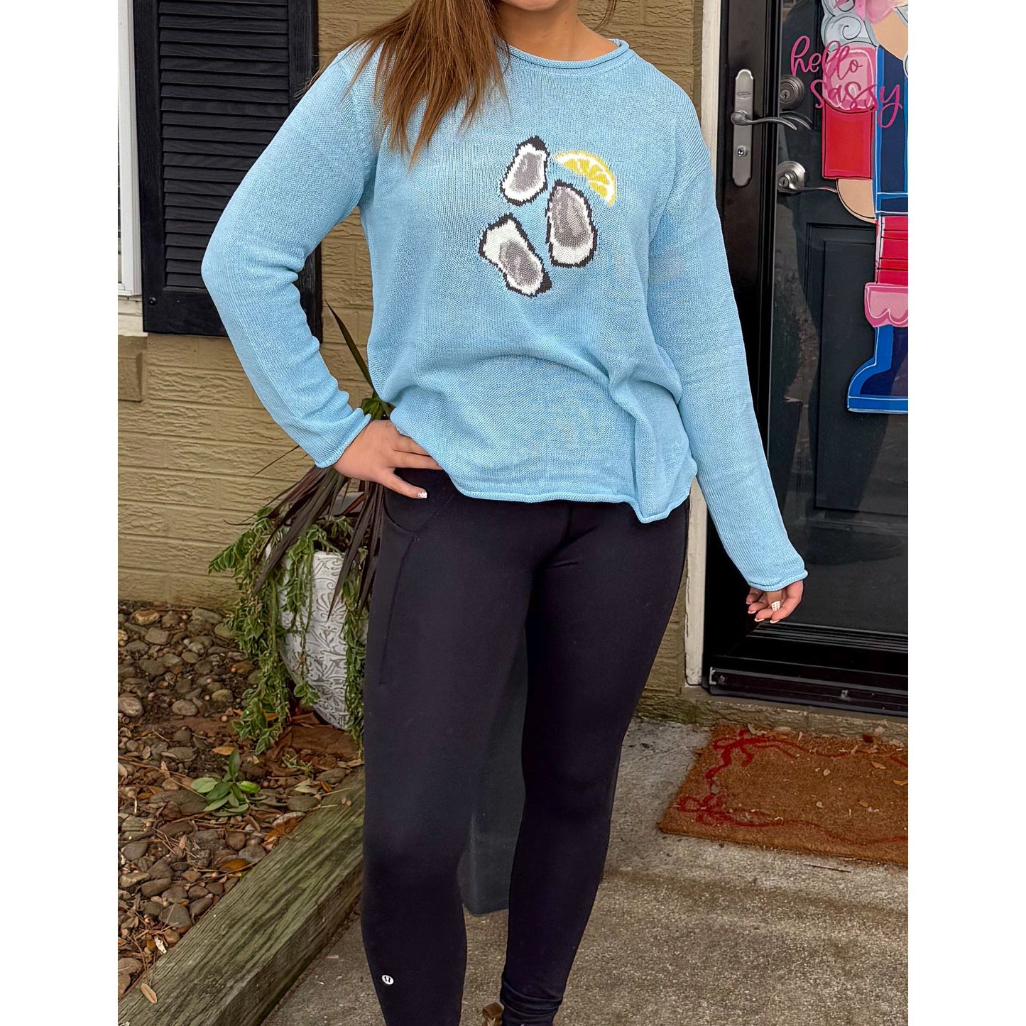 Oyster Graphic Knit Sweater, Sky Blue