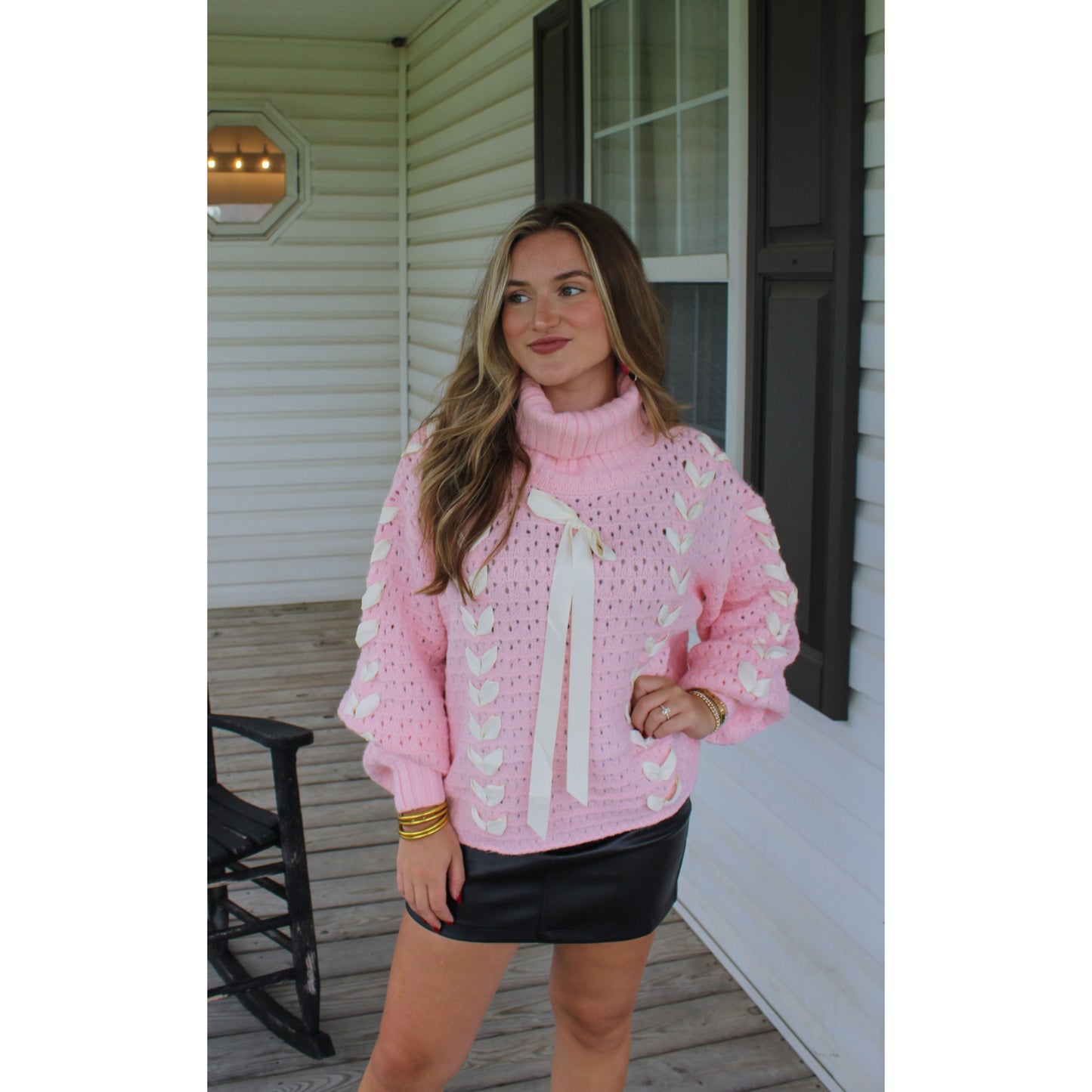 Sarah Bow Sweater, Pink/White