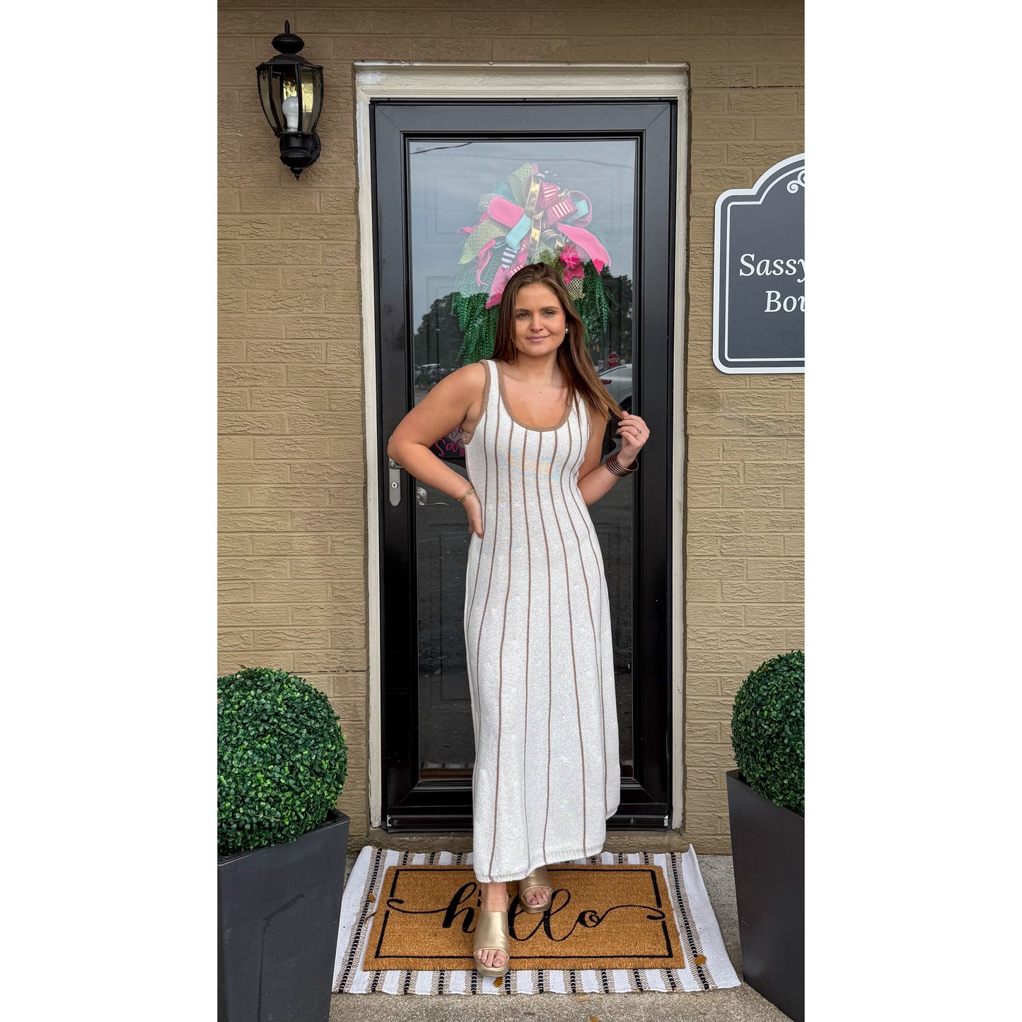 Blakely Knit Midi Dress, White/Taupe