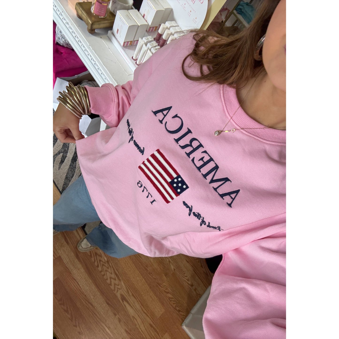 Land of the Free Sweatshirt, Baby Pink