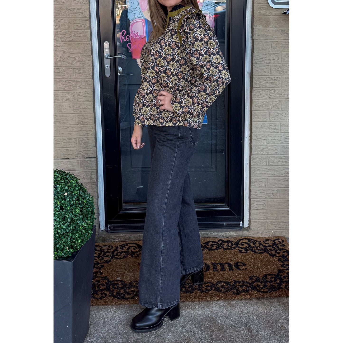 Chartreuse/Black Pattern Blouse