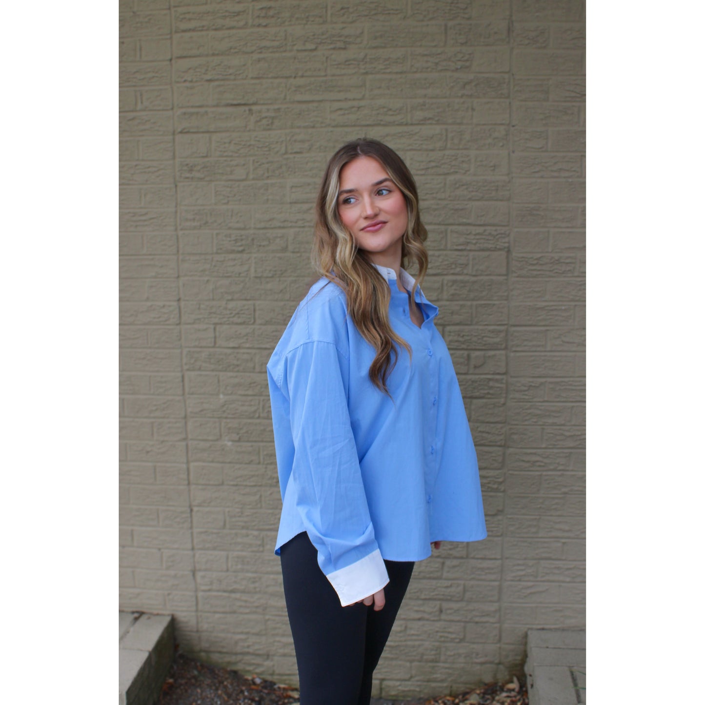 Chambray Button Down Blouse, White/Baby Blue