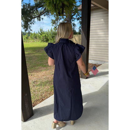 Navy Ruffle Collar Maxi Dress