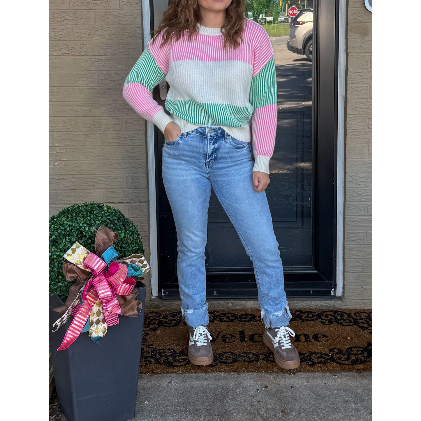 Aubrey Stripe Sweater, Pink/Green