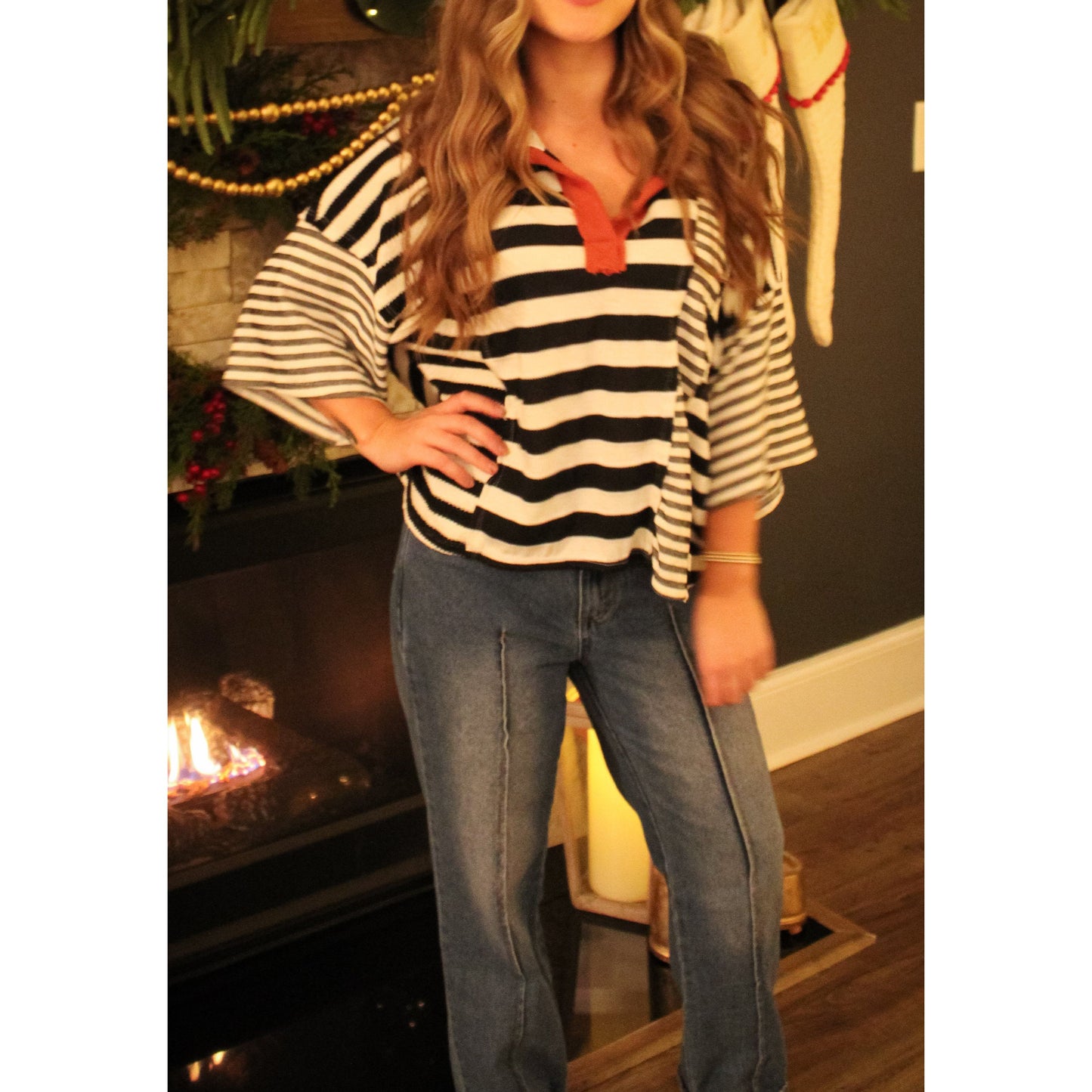 Avery Stripe Top, Black/Pumpkin