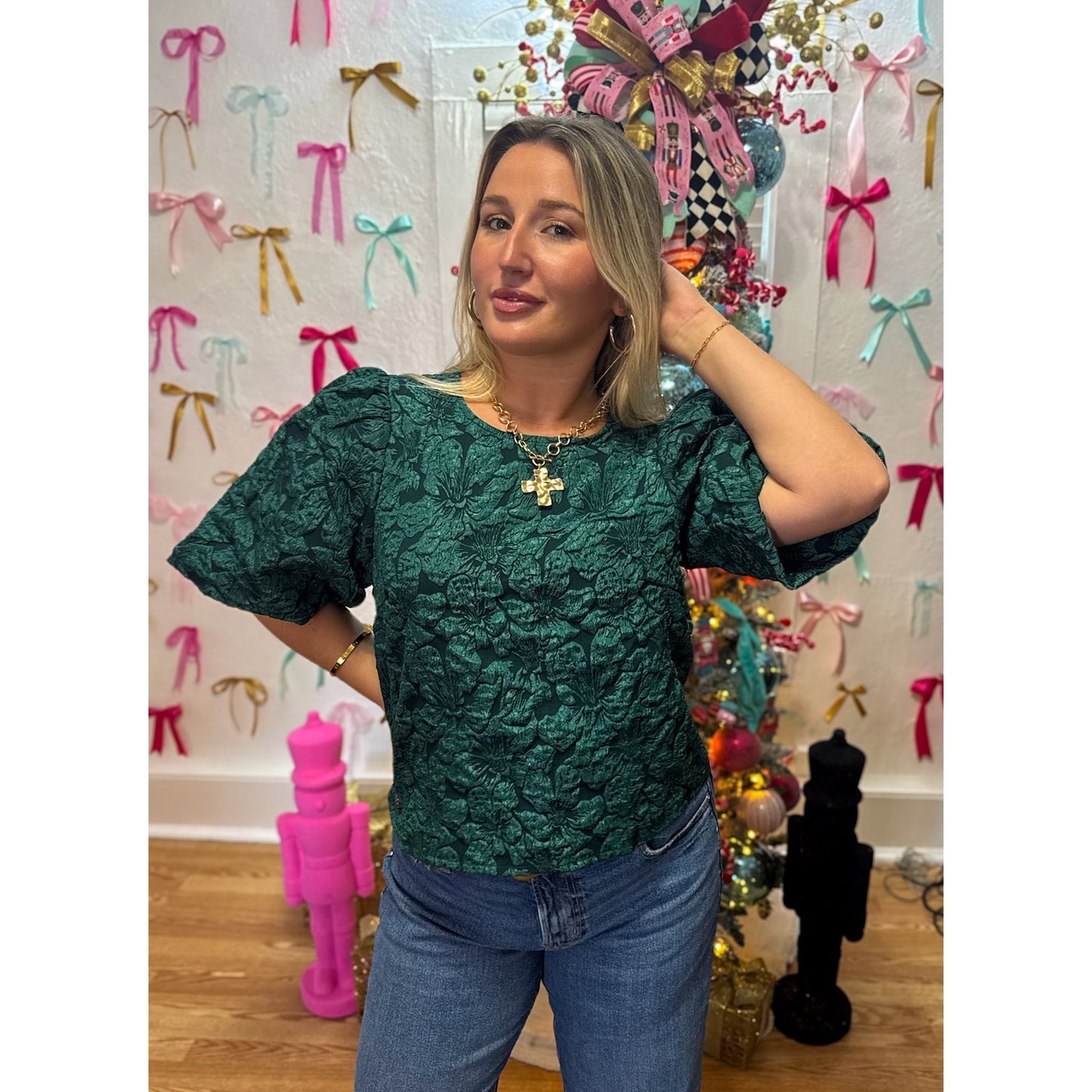 Hunter Green Floral Detail Blouse