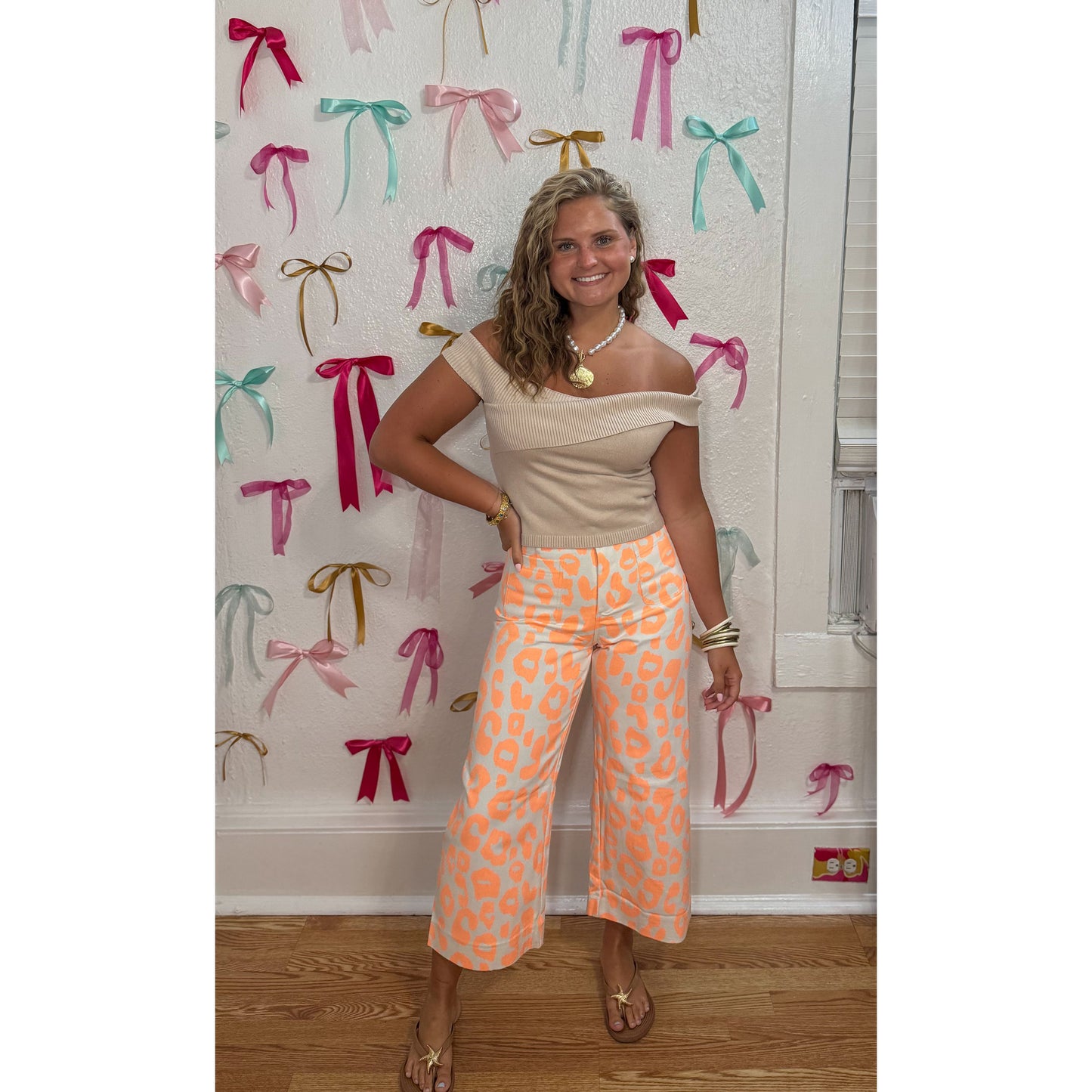 Neon Orange Leopard Wide Leg Pants