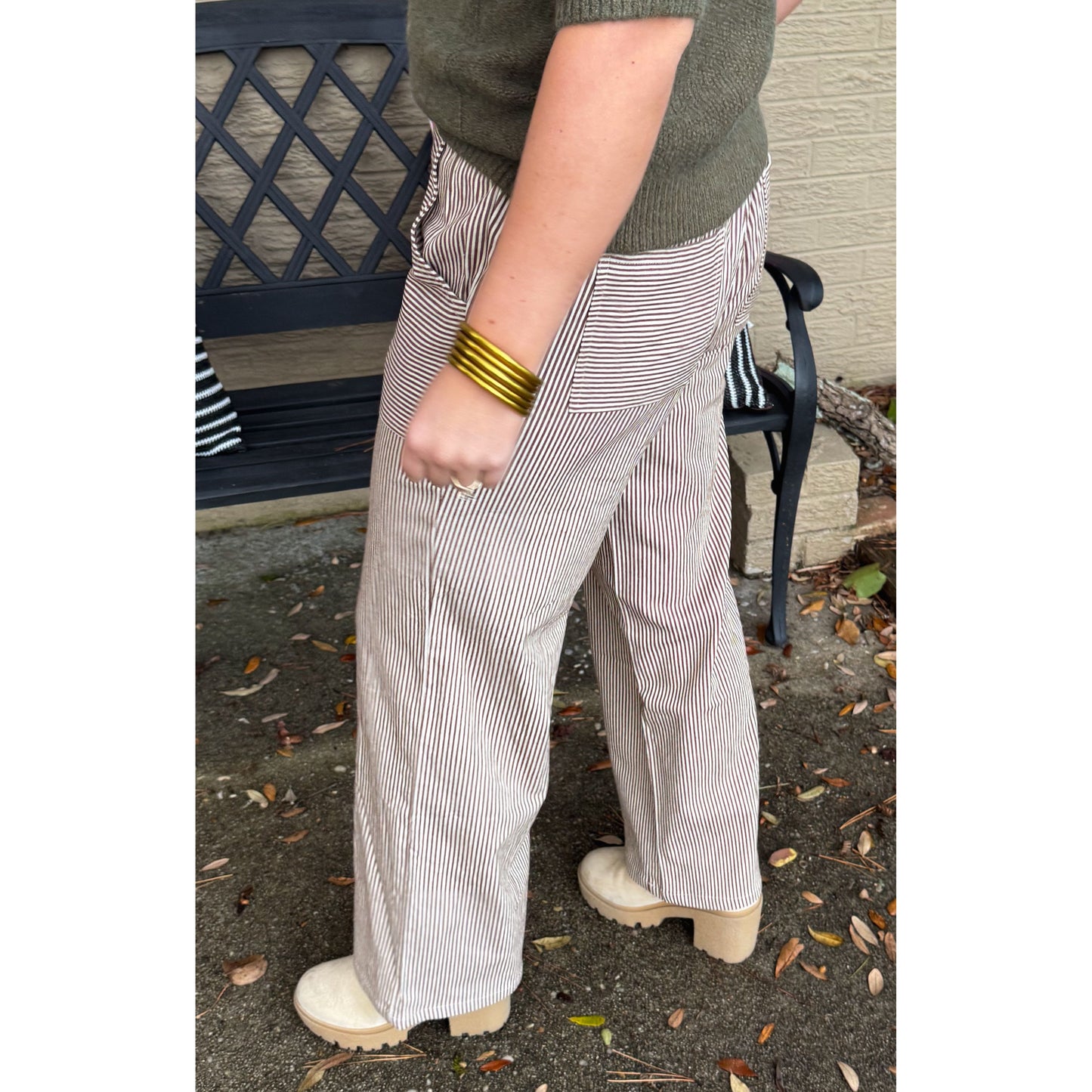 Ariana Stripe Pants, Cream/Taupe