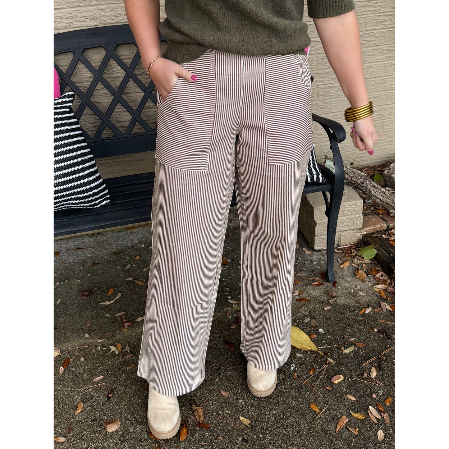 Ariana Stripe Pants, Cream/Taupe