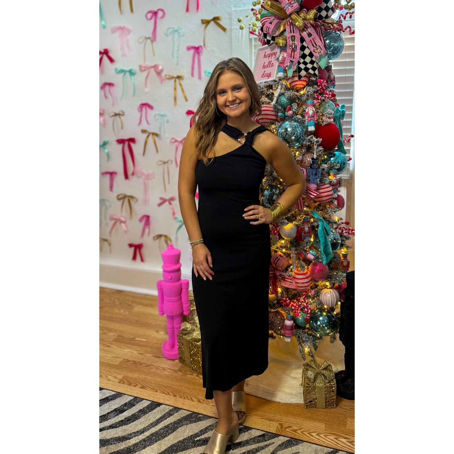 One Shoulder Black Midi Dress