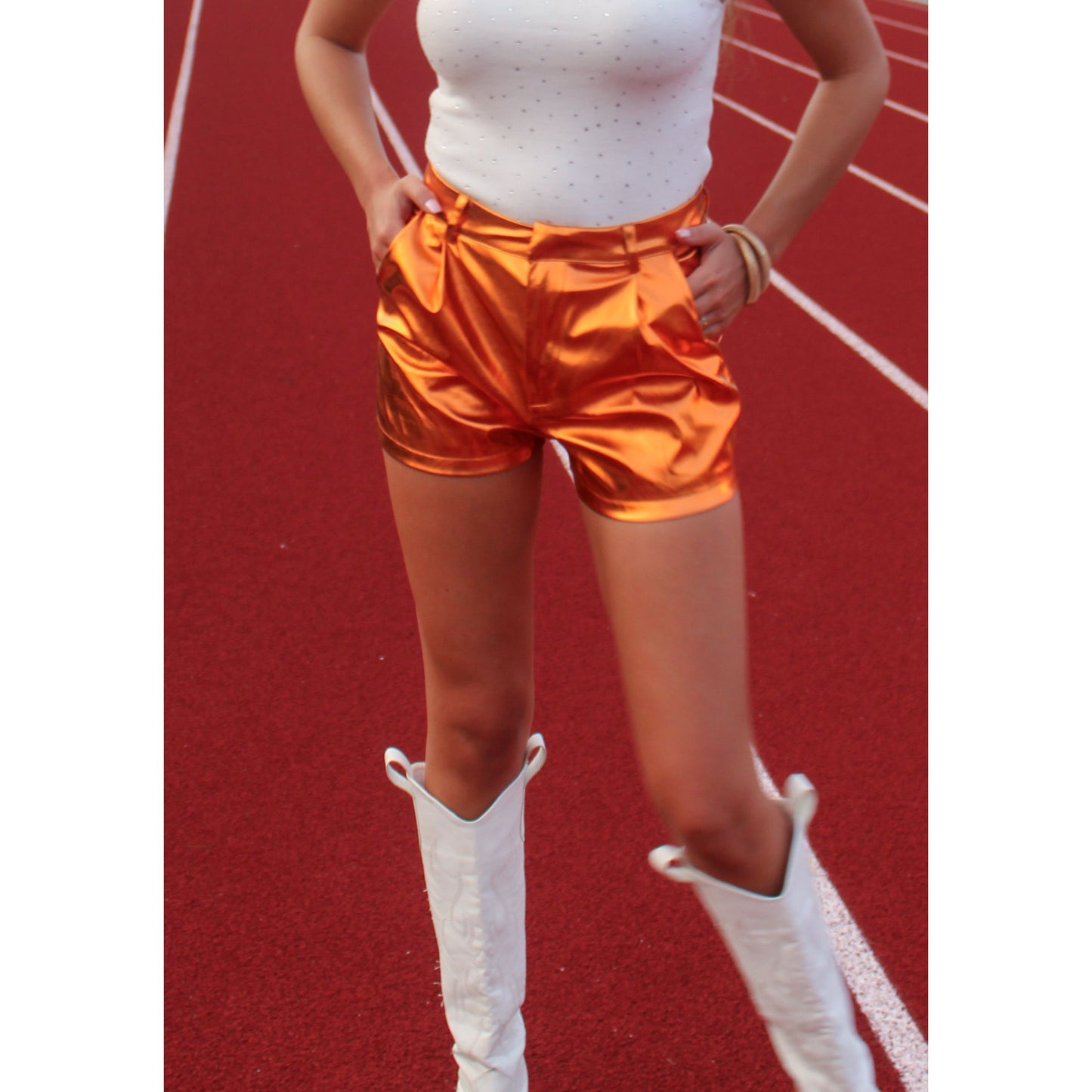 Complete Pass Metallic Shorts, Orange/Silver