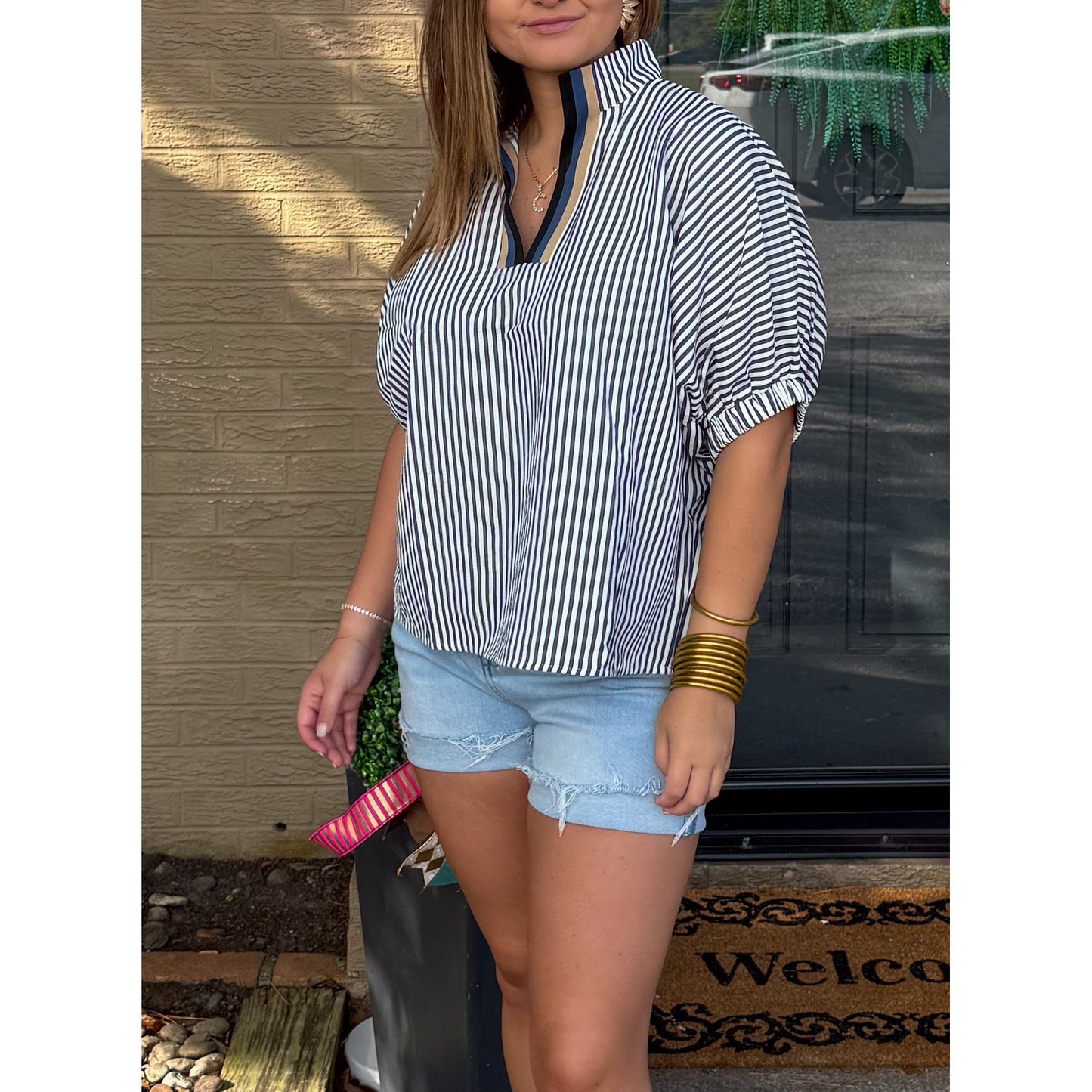 Selena Stripe Blouse, Navy Multi