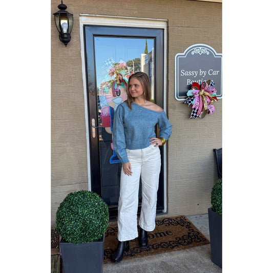 Noelle Asymmetrical Neckline Sweater, Blue