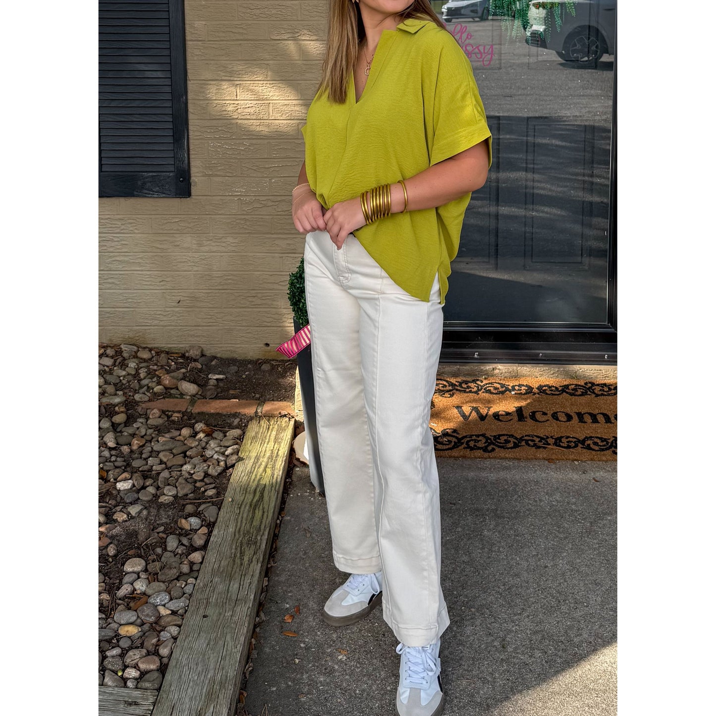 Julianna V-Neck/Collar Top, Chartreuse
