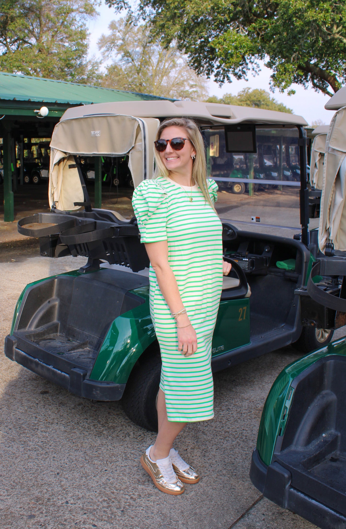 Put it on the Green Stripe Midi Dress, Kelly Green/Cream