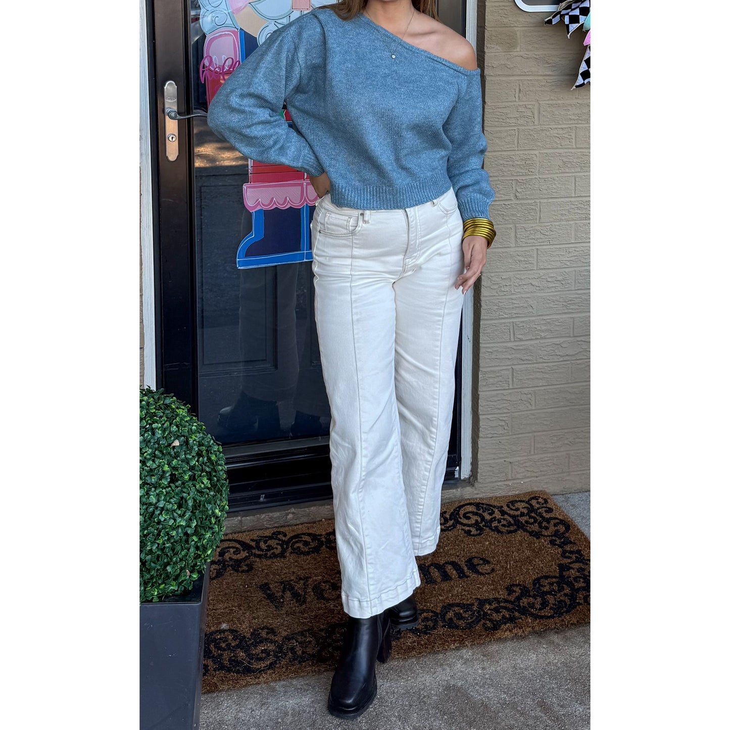 Noelle Asymmetrical Neckline Sweater, Blue