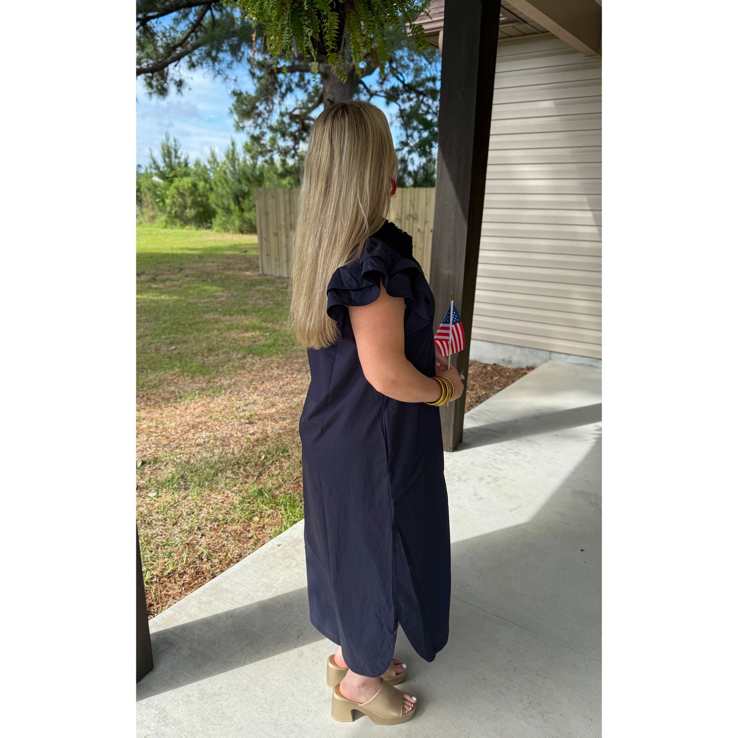 Navy Ruffle Collar Maxi Dress
