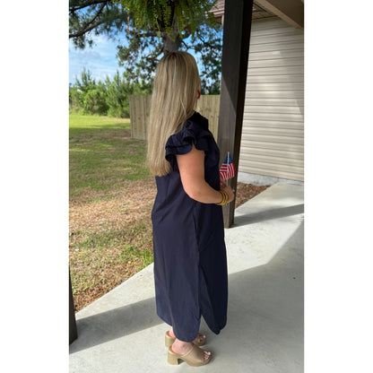 Navy Ruffle Collar Maxi Dress
