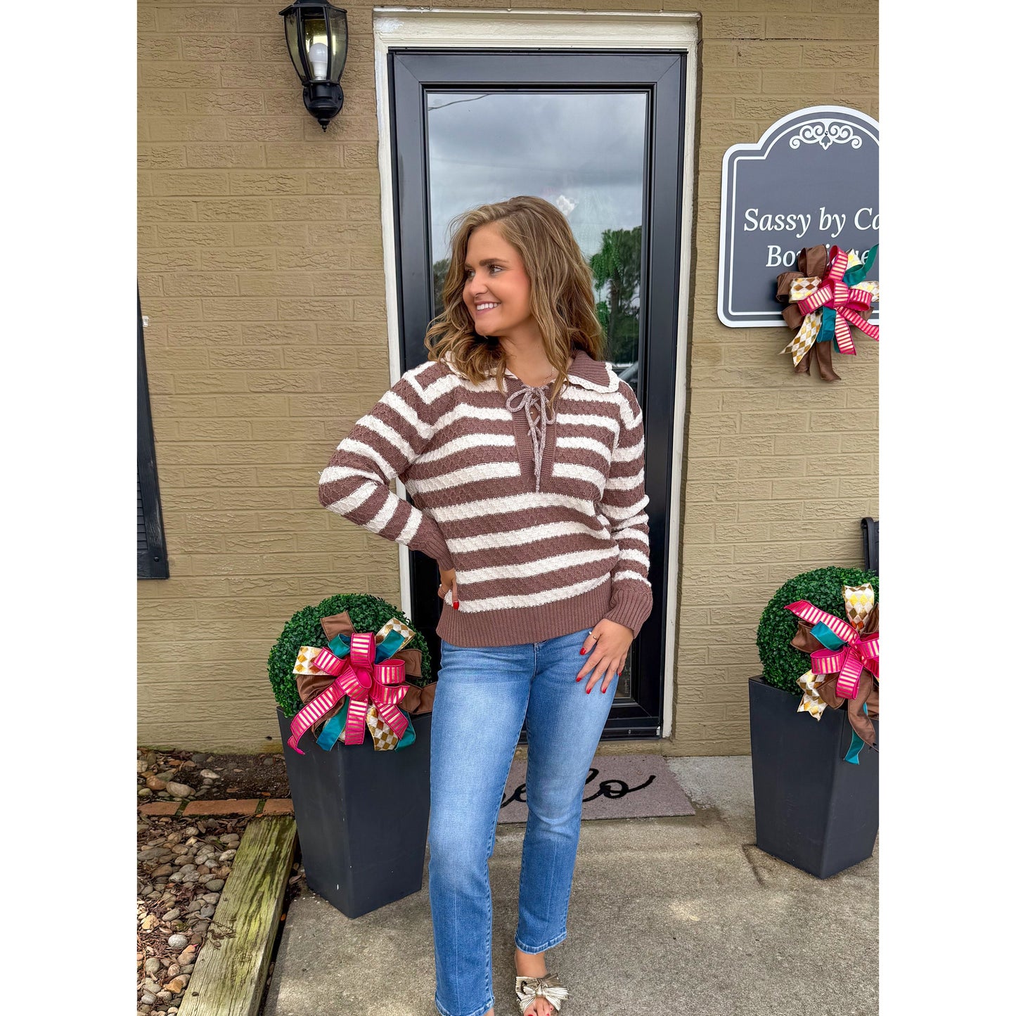 Dylan Stripe Sweater, Ivory/Mocha