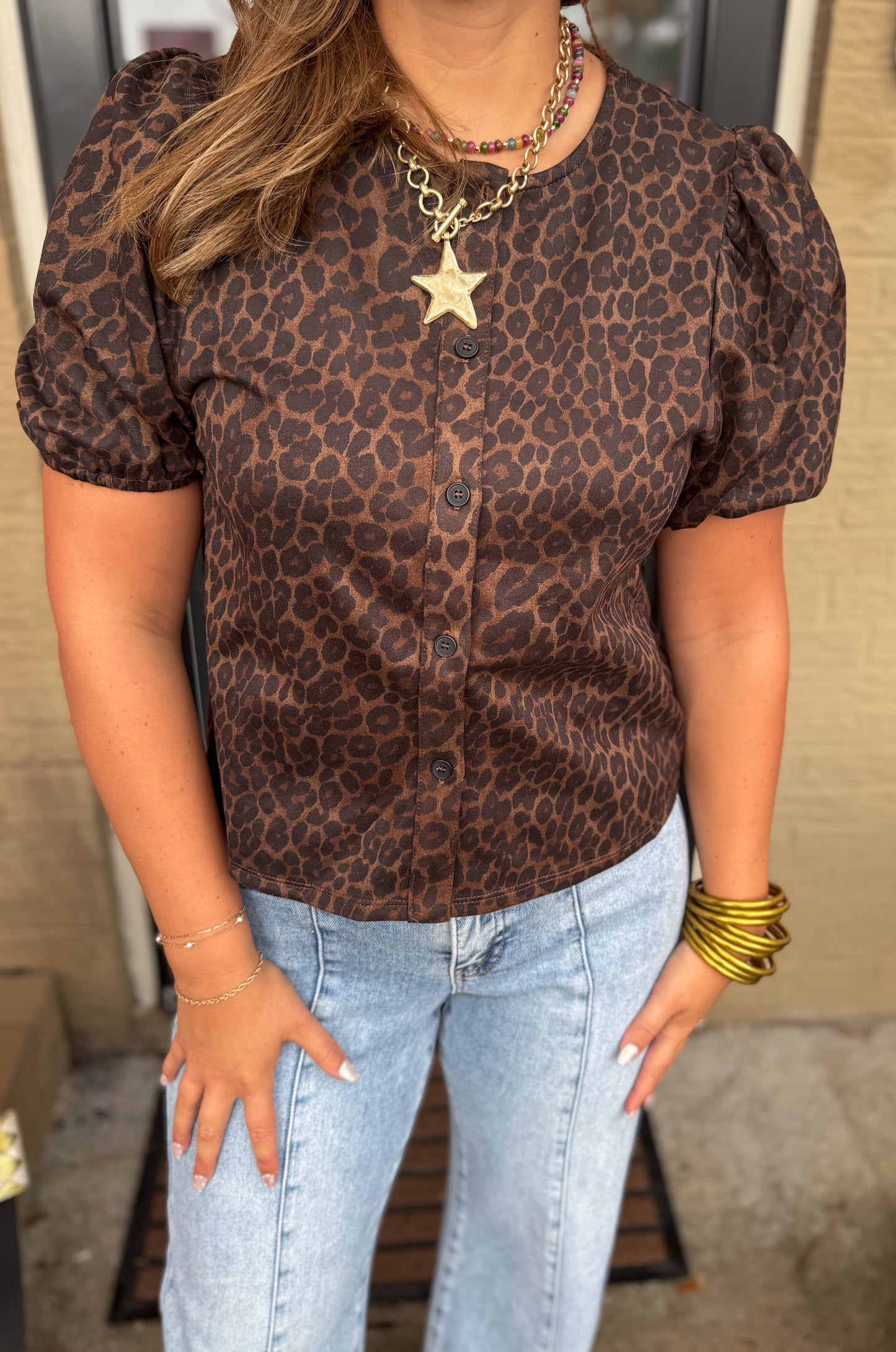 Baylor Leopard Detail Top, Brown Multi