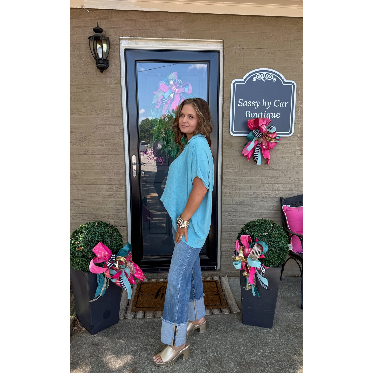 Hannah V-Neck Top, Aqua Blue