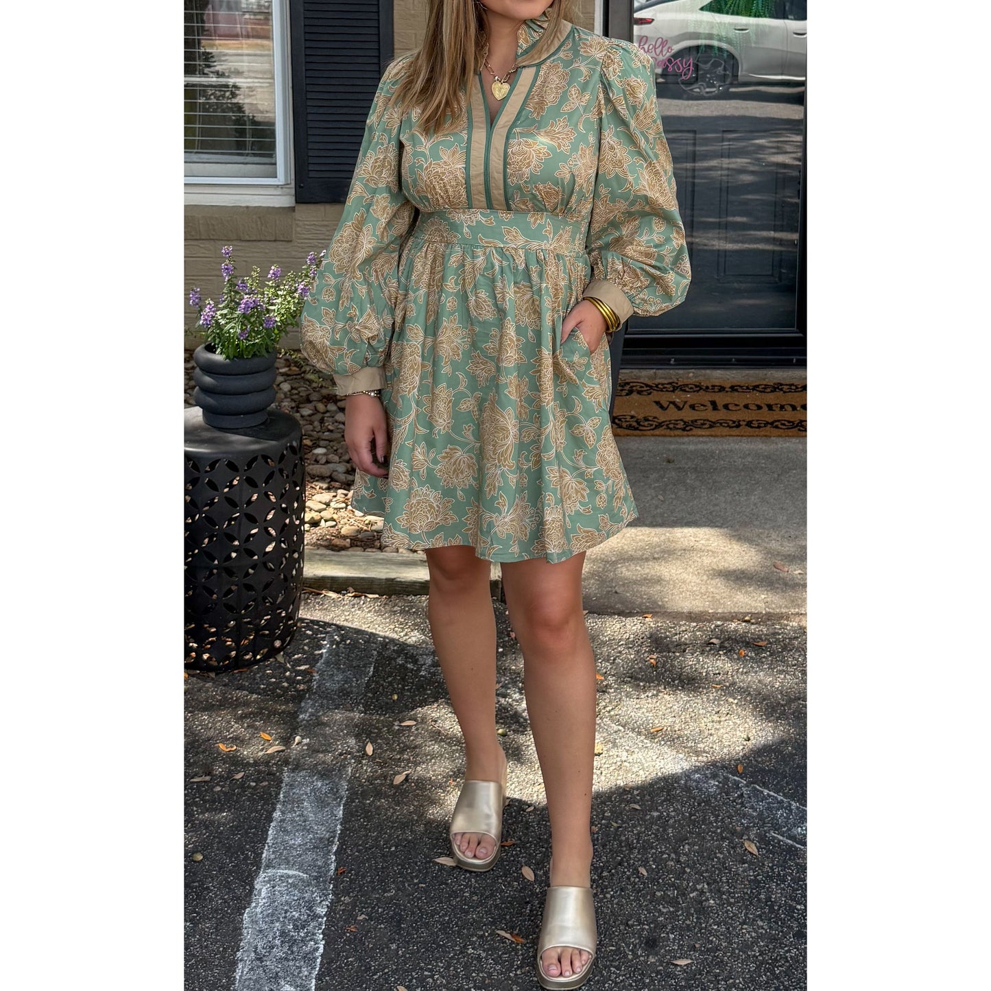 Jordyn Mini Dress, Gold/Sage Green