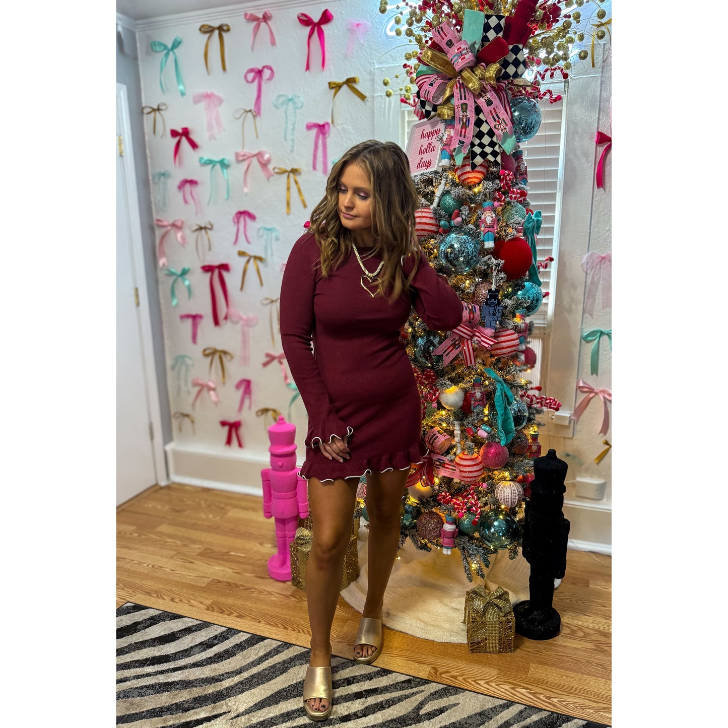 Shelby Knit Mini Dress, Burgundy/Ivory