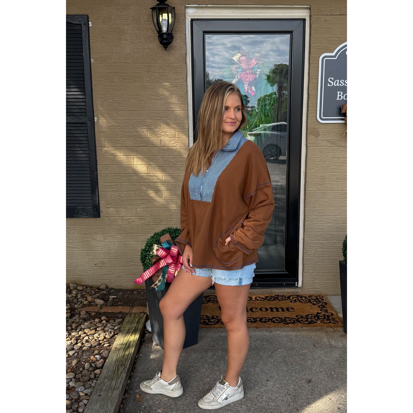 Amy French Terry Sweatshirt, Chocolate/Denim