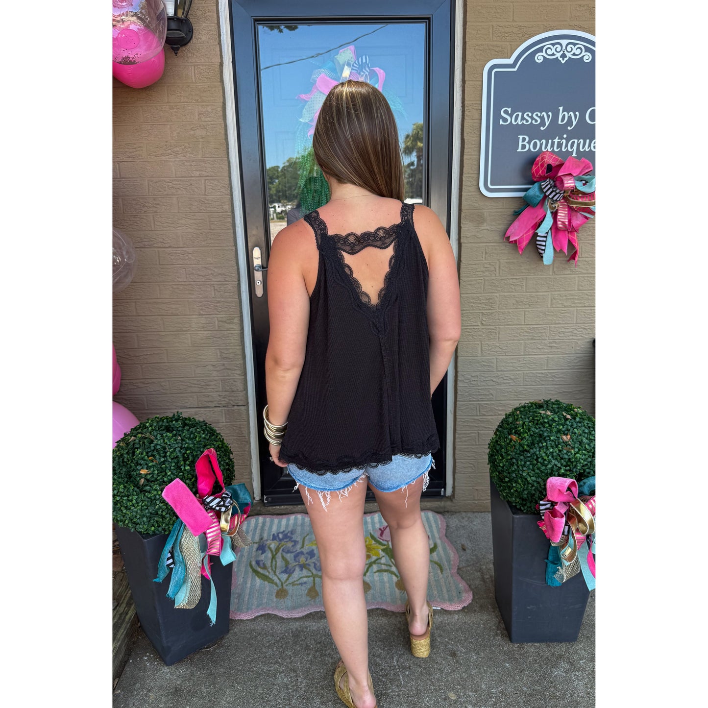 Lace/Ribbed Flowy Tank, Black