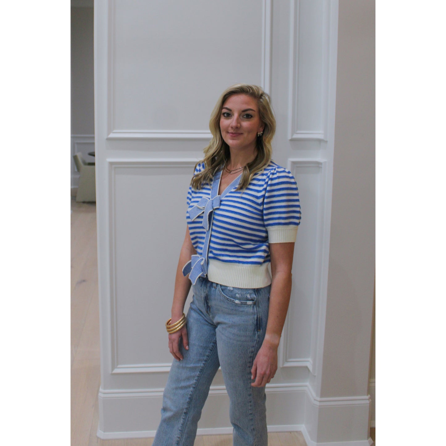 Phoebe Stripe Top, Blue/Cream