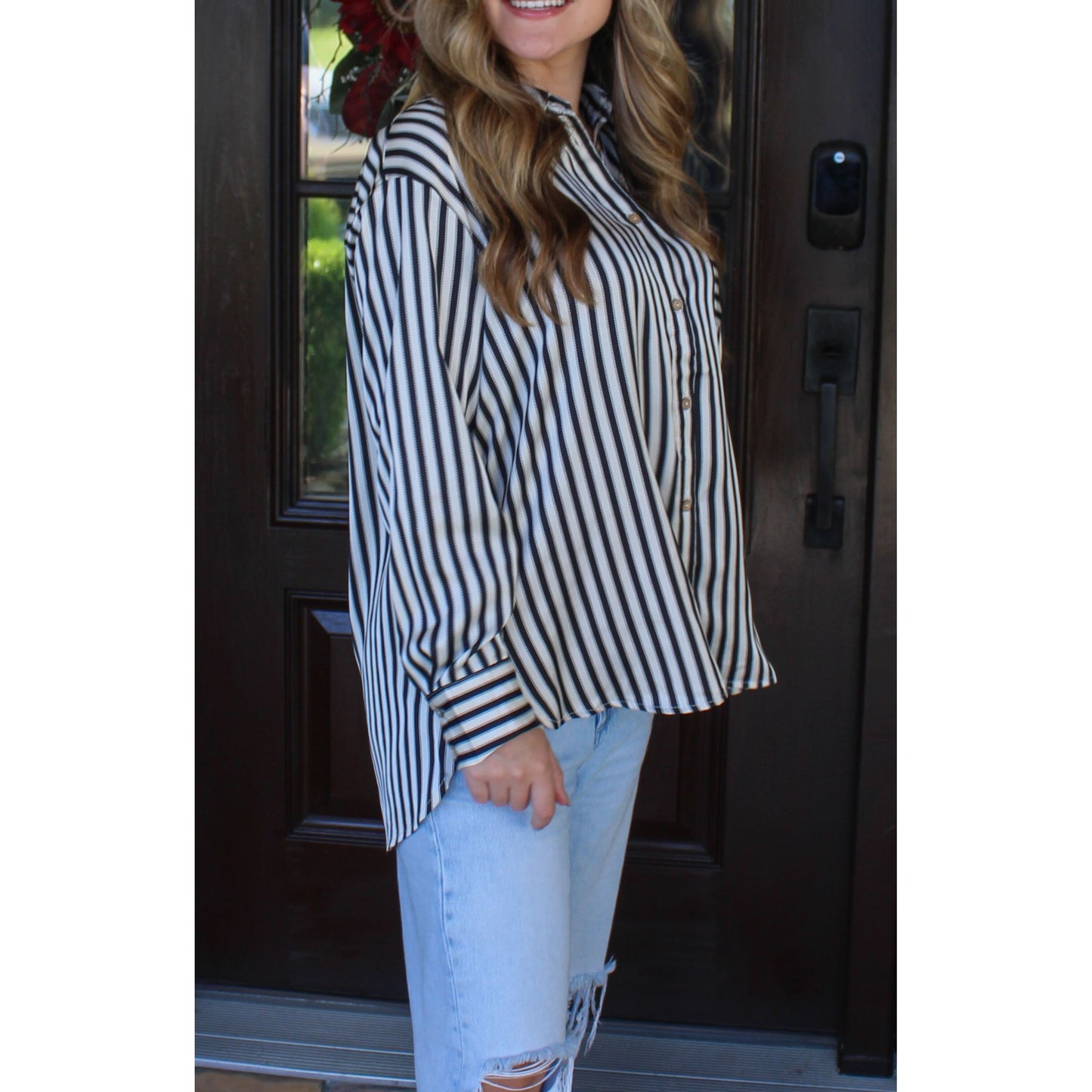 Becca Satin Striped Blouse, Black/White